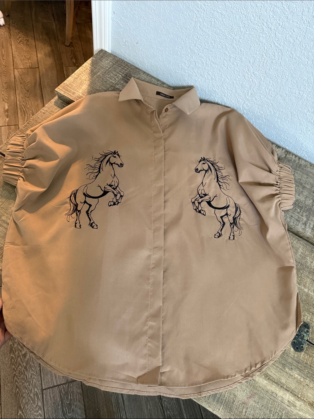 Women’s Oversized Tan Button-Up Shirt with Black Horse Embroidery